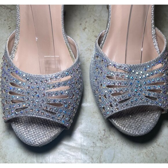Silver Rhinestone Embellished High Showgirl Heel Sandals Ankle Strap Peep Toe - Picture 6 of 10
